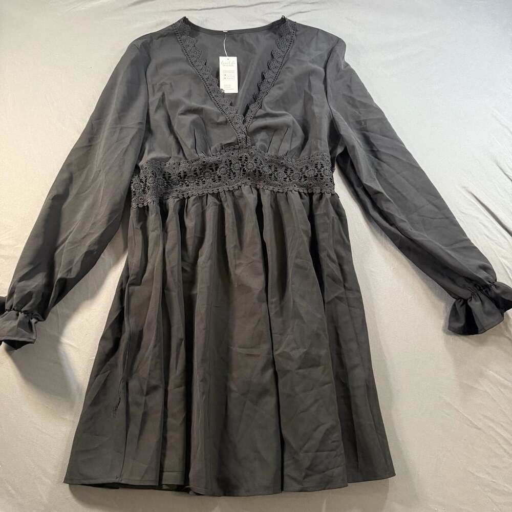CUPSHE Women’s XL Black Lace Trim Empire Waist Long Sleeve Mini Dress NWT